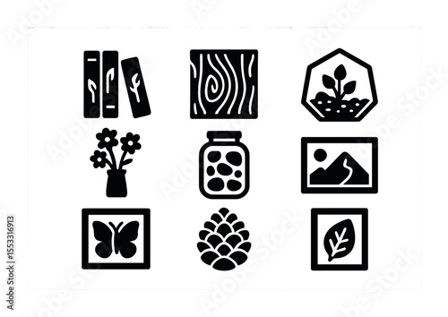 Nature-Themed Bookshelf Icons. Solid, filled icons set of nature-inspired bookshelf: plant books, wooden