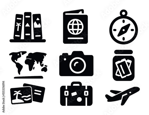 Travel Icons Collection. Solid, filled icons set of travel-inspired bookshelf: travel guidebooks, passport