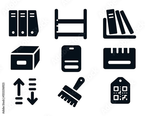 Bookshelf Organization Icons. Solid, filled icons set of bookshelf organization tools: labeled dividers,