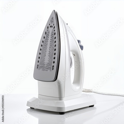 Modern electric iron appliance for garment care stands ready for pressing on white background