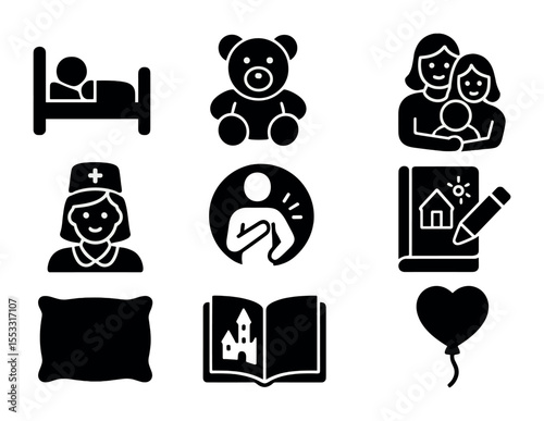 Pediatric Care Icons. Solid, filled icons set of pediatric palliative care: child in bed, toy bear, family