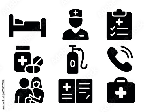 Palliative Care Icons. Solid, filled icons set of home-based palliative care: home bed, visiting nurse, care