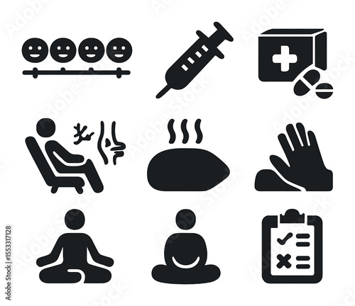 Pain Management Icons. Solid, filled icons set of pain management approaches: pain scale, syringe icon,