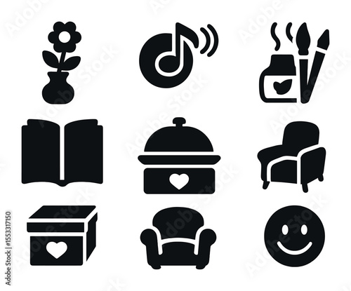 Quality of Life Icons. Solid, filled icons set of quality of life focus: flower vase, music therapy icon, art
