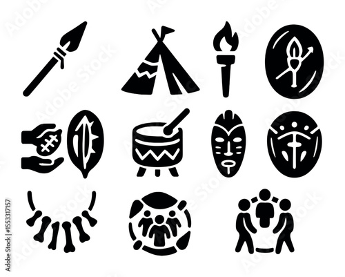 Tribal Icon Set. Solid, filled icons set of tribal post-apocalyptic communities: handmade spear, tent