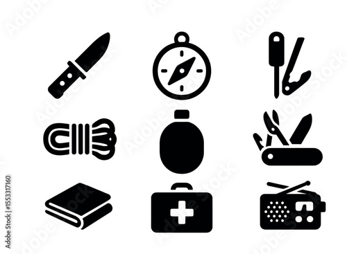 Survival Gear Essentials. Solid, filled icons set of survival gear essentials: hunting knife, compass,