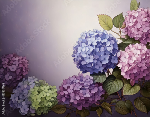 イラスト風アジサイと季節の情景。AI生成画像。