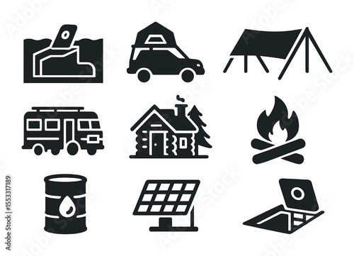 Survival Shelter Icons. Solid, filled icons set of survivalist shelters: underground bunker, rooftop camp,