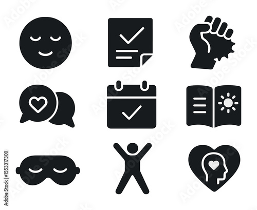 Emotional Wellbeing Icons. Solid, filled icons set of emotional well-being in job search: calm face,