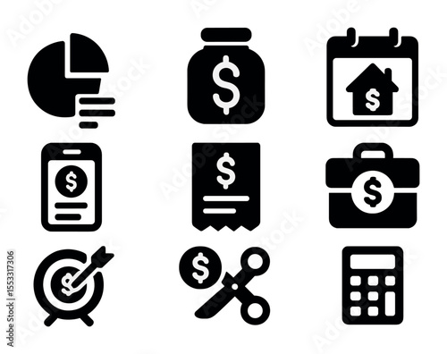 Personal Finance Icons. Solid, filled icons set of personal finance during job search: budgeting chart,