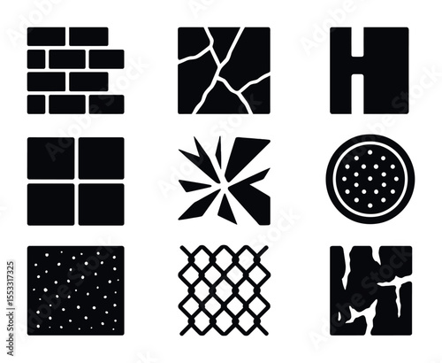 Urban Texture Icons. Solid, filled icons set of urban texture styles: brick wall, sidewalk cracks, street