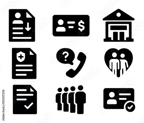 Government Services Icons. Solid, filled icons set of government unemployment services: unemployment form,