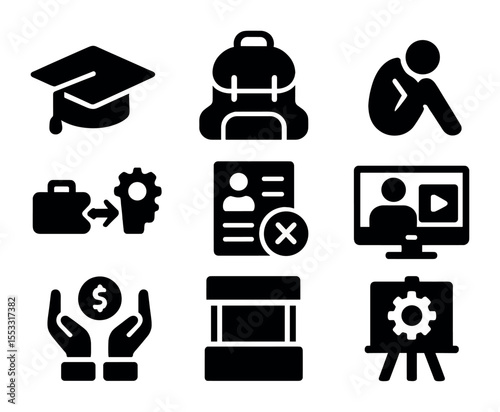Youth Unemployment Icons. Solid, filled icons set of youth unemployment topics: graduate cap, empty backpack,