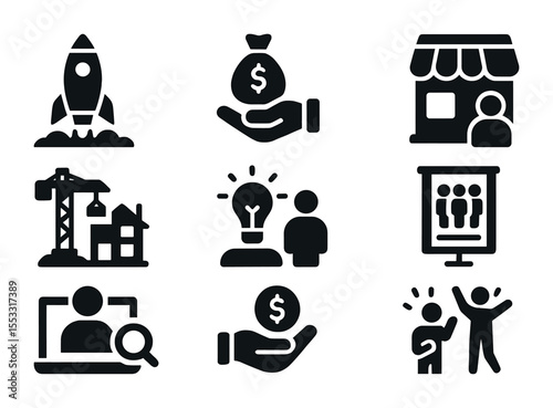 Job Creation Icons. Solid, filled icons set of job creation initiatives: startup launch, government grant icon