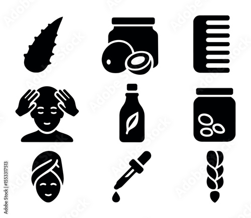 Natural Hair Care Icons. Solid, filled icons set of hair care using natural remedies: aloe leaf, coconut oil
