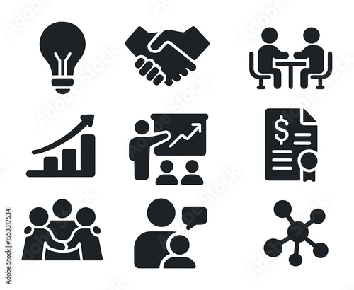 Startup Incubator Icons. Solid, filled icons set of startup incubators: lightbulb icon, handshake deal,