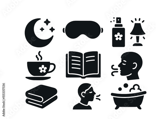 Nighttime Wellness Icons. Solid, filled icons set of nighttime wellness rituals: moon icon, silk sleep mask,