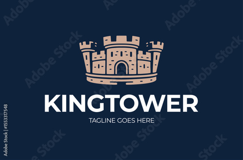 castle tower crown logo. king castle logo with crown and shield vector illustration logotype