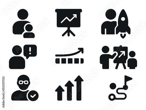 Startup Mentorship Icons. Solid, filled icons set of startup mentorship and coaching: mentor figure, guidance