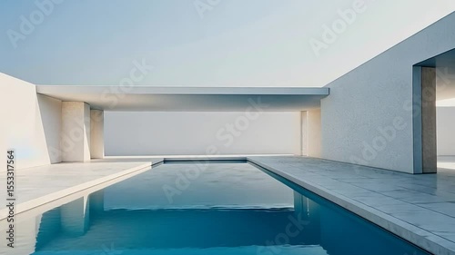 Minimalist pool architecture with clean white walls and blue water under a light sky