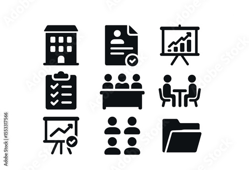Incubator Program Icons Grid. Solid, filled icons set of incubator program essentials: incubator building,