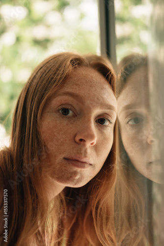 The girl leaned against the window