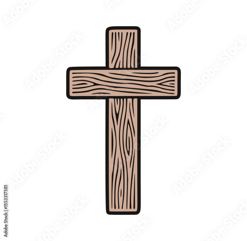 Hand drawn cartoon wooden Christian cross on white background