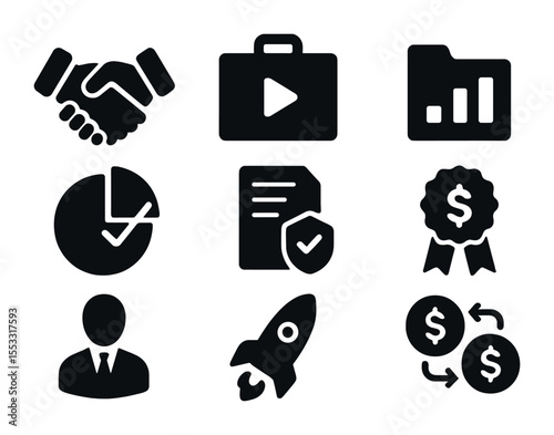 Venture Capital Icons. Solid, filled icons set of venture capital connections: VC handshake, pitch briefcase,