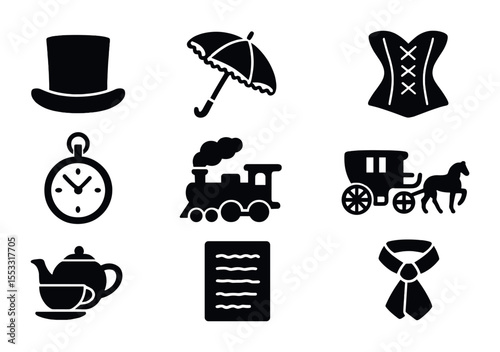 Victorian Reenactment Icons. Solid, filled icons set of Victorian era reenactments: top hat, parasol, corset,