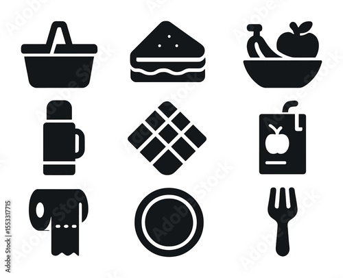 Picnic Icon Set. Solid, filled icons set of picnic meals: picnic basket, sandwich, fruit bowl, thermos,