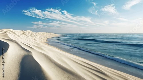 Serene landscape of white sand dunes meeting a tranquil blue ocean under a wispy sky