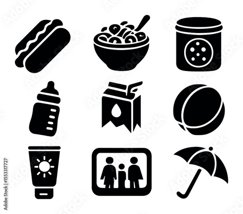 Family Picnic Icons. Solid, filled icons set of family picnic favorites: hot dog, pasta salad, cookie tin,