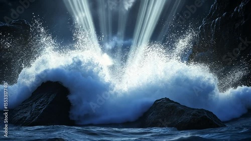 Ocean waves powerfully crash into dark, rocky formations with bright light above