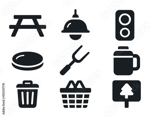 Park Picnic Icons. Solid, filled icons set of park picnic accessories: picnic table icon, hanging light,