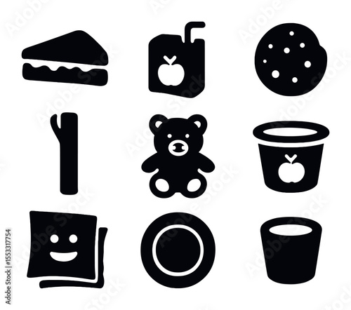Kids' Picnic Icons. Solid, filled icons set of kids’ picnic treats: mini sandwich, juice box, cookie, string