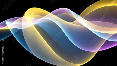 Abstract waves flow on black background, yellow, blue, purple hues creating depth