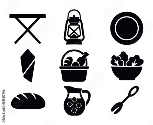 Outdoor Dining Icons. Solid, filled icons set of outdoor dining setup: folding table, lantern, reusable plate,