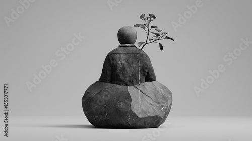 Minimalist 3D composition of a stone-like figure seen from behind with a blooming flower, symbolizing resilience, growth, and inner strength.