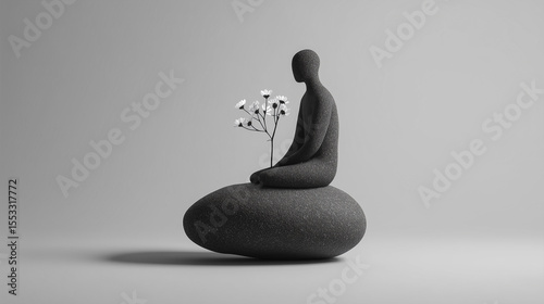 Minimalist 3D composition of a stone-like figure sitting on a rock with blooming white flowers, symbolizing hope, stillness, and inner peace.