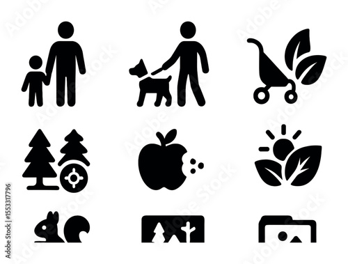 Family Walk Icons. Solid, filled icons set of family walk through wooded paths: parent figure, child
