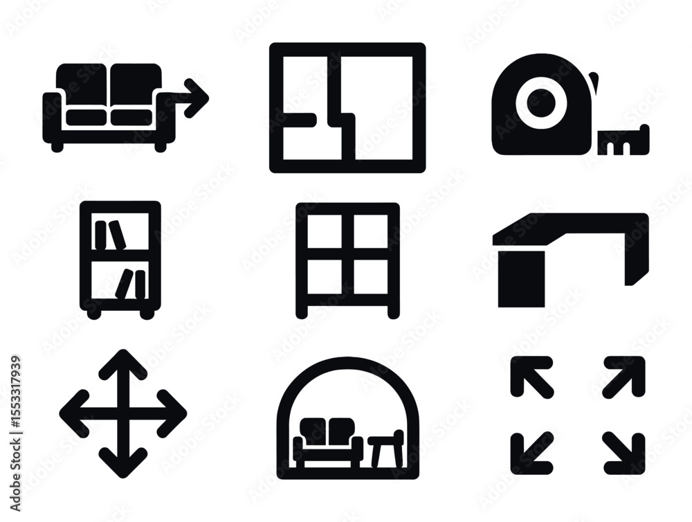 Furniture Rearranging Icons. Solid, filled icons set of rearranging furniture for more space: sliding sofa, Furniture Rearranging Icons. Solid, filled icons set of rearranging furniture for more space: sliding sofa,