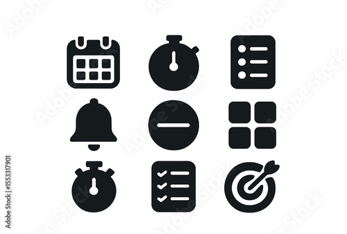 Time Management Icons. Solid, filled icons set of time management tools: digital calendar, timer icon,
