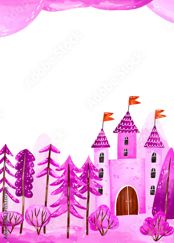 Vertical Baby greeting card, invitation for baby birthday, baby shower.. Fairy castle in magic forest landscape.  Poster for girl nursery. Poster. Pink watercolor background