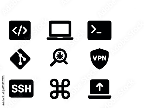 Coding Tools Icons. Solid, filled icons set of portable coding setup: code editor icon, laptop, terminal