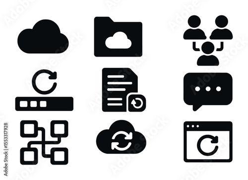 Cloud Productivity Icons. Solid, filled icons set of cloud-based productivity: cloud icon, shared folder,