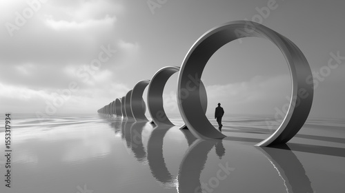 Monochrome 3D scene of a person walking through giant circular arches on a reflective surface, evoking solitude and introspection.