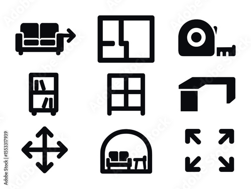 Furniture Rearranging Icons. Solid, filled icons set of rearranging furniture for more space: sliding sofa,