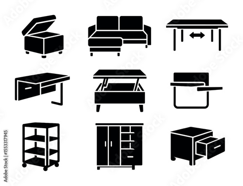 Multifunctional Furniture Icons. Solid, filled icons set of multifunctional furniture setup: storage ottoman,
