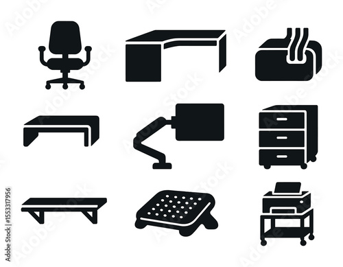 Home Office Icons. Solid, filled icons set of home office rearrangement: rolling chair, corner desk, cable