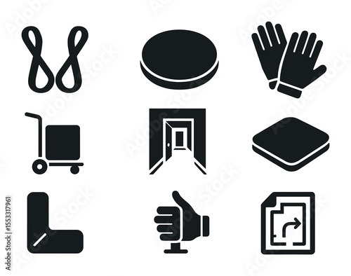 Furniture Moving Icons. Solid, filled icons set of moving furniture safely: lifting strap, furniture slider,